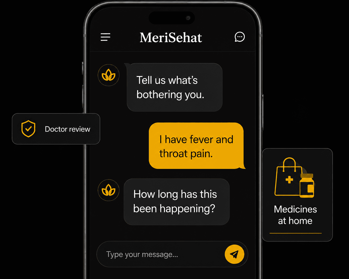 MeriSehat chat-based symptom check with doctor review from home